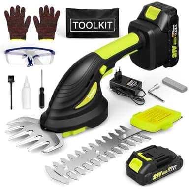 Gisam Mini Taille Haie a Batterie, 2 en1 Electrique Cisaille de Jardin & Taille Haie Electrique, Coupe Bordure sans Fil avec 2 x 2Ah Batteries Rechargeables, Tondeuse Gazon pour Jardinage (Vert2)