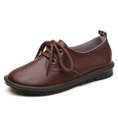 Derbies Femme Cuir Souple Plate Mocassins et Loafers Femme Casual Decontracté Chaussures Bateau Femme de Couleur Unie (Café)