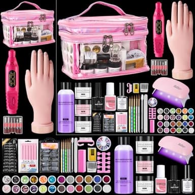 Deciniee Acrylique Kit Ongles Pour Débutants–Faux Ongles/Poudre Acrylique/Lampe UV/Main D'Entrainement Manucure-Idéal Pour DIY Nail Art-Kit Avec Outils Complet Dans Un Sac De Stockage Rose