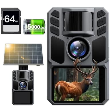 FKPCAM 4K 64MP Caméra de Chasse Solaire avec 5000mAh Batterie Rechargeable, Camera Chasse, 850nm LED Camera Infrarouge Vision Nocturne Animaux Caméra avec Carte 64GB