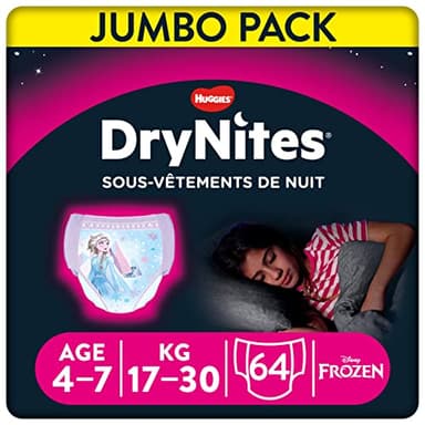 Huggies Drynites 4-7 ans Fille (17-30kg) - Sous-Vêtements de Nuit Absorbants pour Enfants qui Font Pipi au Lit - x64 Culottes (Lot de 4 Paquets de 16)