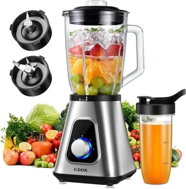 GDOR 1200W Blender avec pichet en Verre de 1,5L et Tasse de Voyage 650ml Professionnel à 3 Vitesses Blender Mixeur Haute Performance Blender Smoothie Pour Smoothie Milk-Shake Boissons Glacées Sauce