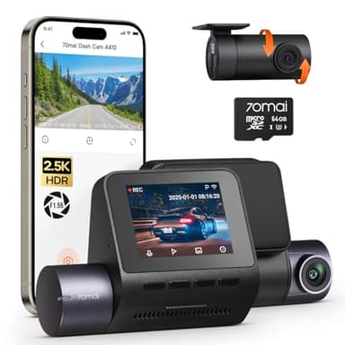70mai Dash Cam Avant et Arrière A410, Double Dashcam 2,5K+1080P avec HDR, Vision Nocturne, Ouverture F1,55, Mode Parking 24h, WiFi GPS, G-Sensor, Enregistrement en Boucle, Carte microSD 64Go Incluse