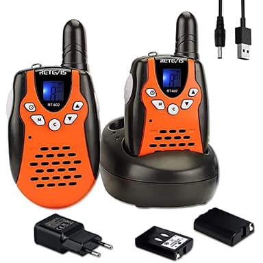 Retevis RT602 Talkie Walkie Rechargeable, Jouet Enfant avec Base de Chargement et Li ION Batterie, Lampe Poche, Cadeau pour Camping, Aventure, Jeu de Rôle, Jardin (1 Paire, Orange)