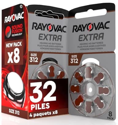 32 Piles pour appareils auditifs Rayovac Extra Size 312-4 Blister de 8 Piles
