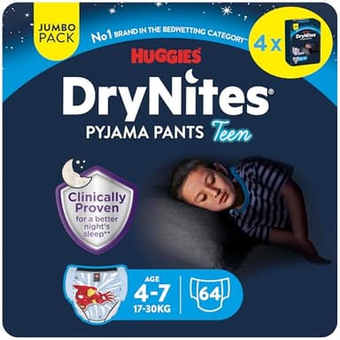 Huggies Drynites 4-7 ans Garçon (17-30kg) - Sous-Vêtements de Nuit Absorbants pour Enfants qui Font Pipi au Lit - x64 Culottes (Lot de 4 Paquets de 16)