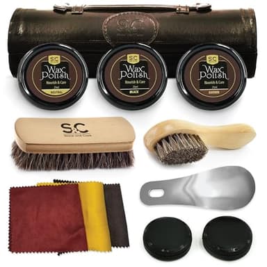 Stone & Clark Kit de cirage et d’entretien 12PC, Kit de cirage pour chaussures en cuiravec cire marron, Brosses pour cirage de chaussure, Chiffon à lustrer et chausse pied avec étui en cuir PU