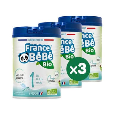 FRANCE BéBé BIO - Lait infantile pour bébé 1er âge en poudre 0 à 6 mois - Lait fabriqué en France - BIFIDUS - SANS HUILE DE PALME - Pack 3 boîtes de 800g