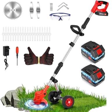 21V Debroussailleuse Electrique sans Fil, Coupe Bordure sans Fil avec 2 Batteries et 4 Types De Lames, Débroussailleuse à Batterie avec Roues Réglables pour Débroussaillage, Cour, Jardin