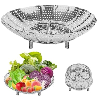 TNOMSNO Panier Vapeur Inoxydable, Vapeur Pliable en Acier Inoxydable Cuiseur Vapeur Réglable en Acier Inoxydable, Pot de Cuisson a la Vapeur pour la Cuisson du Poisson, des Fruits de Mer (15-27cm)