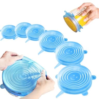 Couvercles en silicone, 6 Pièces Réutilisable et extensible en permanence, Couvercles de différentes tailles, pour bocaux, bols, bouteilles(Bleu blanc)