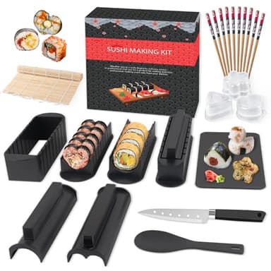 SKYSER Sushi Maker Kit 17 Pièces Outil de Sushi Making en Plastique avec 8 Formes Moule de Rouleau Riz à Sushi avec Fourchette Spatule DIY Kit de Sushi (noir+Pièces)