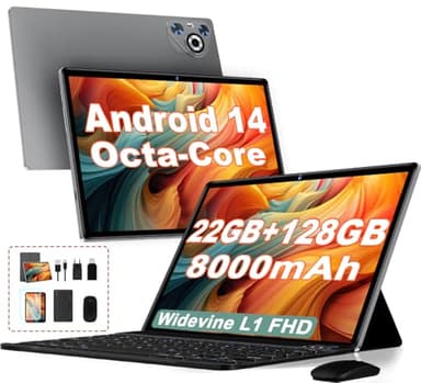 2025 Newest Tablet Android 14 Tablette Tactile, 22Go RAM + 128Go ROM/WIFI 5G+2.4G, 8-Cores, 8000mAh, Widevine L1, BT5.0, 8MP+5MP, GMS Certified/Contrôle parental, Tablette avec Clavier Souris-Gris