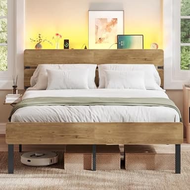 VASAGLE Cadre de Lit 140 x 190 avec Sommier Métal, Lit 2 Personnes, Éclairage LED, Port USB et Type-C, Espace de Rangement en Dessous, Style Industriel, Montage Facile, Marron Naturel RMB103K01
