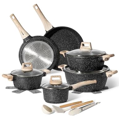 Just Perfecto Batterie de cuisine induction 15 pièces – Poêles antiadhésives casseroles avec couvercles en verre, wok, ustensiles et dessous-de-plat – Compatible tous feux gaz, électrique