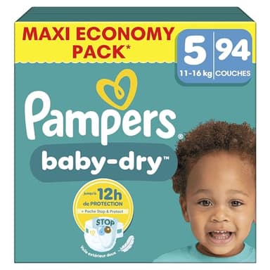 Pampers Baby-Dry Taille 5, 94 Couches, 11kg-16kg, Une Nuit Confortable Jusqu’À 100% Sans Fuites