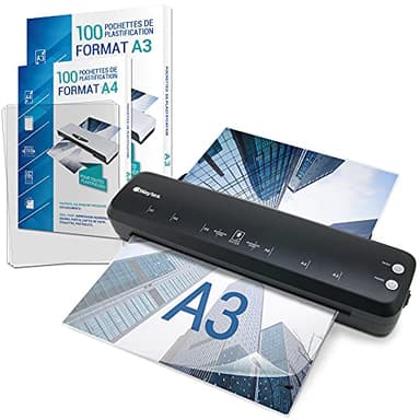Plastifieuse A3 A4 A5 A6 A7 Pro Rapide à Chaud et à Froid jusqu’à 2x125 microns pour Usage Bureau ou Maison Pack avec 100 Pochettes A4 + 100 Pochettes A3