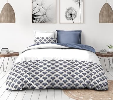 Parure de Couette 220x240 cm – 3 pièces – Percale de Coton Douce – Housse + taies – Blanc & Bleu – Modèle L'élégante