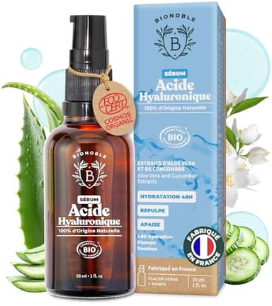 BIONOBLE Sérum Visage Acide Hyaluronique Pur certifié Bio - Soin Hydratant Anti-Âge, Anti-Rides - Serum Acide Hyaluronique Visage - Bouteille en Verre, Pompe - Hyaluronic Acid Made in France - 30ml