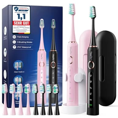 Brosse À Dent Électrique Soniques Adultes - Lot De 2 Brosse A Dent Sonique avec 10 Têtes de Brosse et Étui de Voyage, 5 Modes, Étanche IPX7, Brosse A Dent Electrique, Noir et Rose