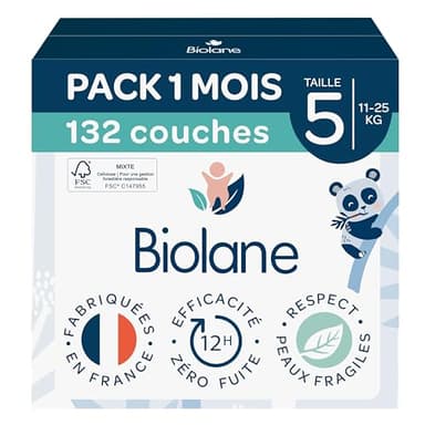 BIOLANE - Couches bébé taille 5 - (11-25 kg) - Peaux Sensibles - Ultra-Absorbant, Pas de Fuite, jusqu'à 12h au Sec - Confort & Protection - Pack 1 mois 132 couches - Fabriqué en France