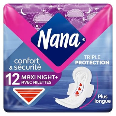 Nana Maxi Goodnight x12 - Serviettes Hygiéniques Nuit avec Ailettes - Serviettes Hygiéniques Flux très Abondant