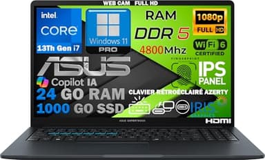 ASUS Slim Ordinateur Portable Intel i7 13ème 10 Coeurs 5Ghz, RAM 24Go DDR5, SSD 1To, écran 15,6 FULLHD, WiFi6E, 4USB, CAM 1080P, Empreinte Digitale, Clavier rétroéclairé, Win11, déjà configuré, AZERTY