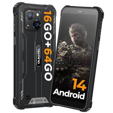 OUKITEL G2 Téléphone Portable Incassable Android 14, 16Go+64Go/1To TF Smartphone Incassable, 6300mAh Batterie, 13MP Caméra, 6.0" HD+ Telephone de Chantier, Dual SIM/Fingerprint/OTG/GPS, Noir