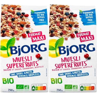 BJORG - Muesli Superfruits Bio - Raisins, Cassis, Myrtilles, Cranberries - Sans Sucres Ajoutés - 750 g (Lot de 2)