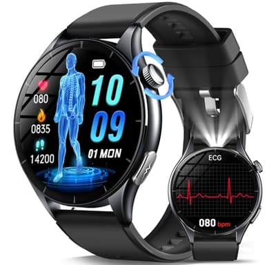 Montre Connectée 𝐄𝐂𝐆/𝐇𝐑𝐕/Acide Urique,1,56" AMOLED Smartwatch avec Appel Bluetooth, Fréquence Cardiaque 24H Pression Artérielle SPO2 Sommeil Montre Intelligente Fitness (Noir) (Silicium Noir)