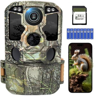 KJK 4K 84MP Caméra de Chasse avec Transmission APP par Téléphone, Caméra de Surveillance WiFi Bluetooth avec Détecteur de Mouvement, Vision Nocturne, Carte SD de 64GB et 8 Piles AA, Caméra de Faune