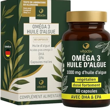 VITACTIV Omega 3 Lot de 60 gélules d'huile d'algues – Marines Omega 3 végétalien – Hautement dosées avec 1000 mg d'huile de micro-algues par dose quotidienne – 450 mg d'acides gras oméga-3 DHA & EPA