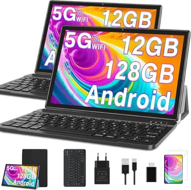 2024 Tablette 10 Pouces Android 13 Octa Core avec 12Go RAM + 128Go ROM (1To TF) | 5G + 2.4G WiFi | FHD | GPS | Bluetooth 5.0 | 8MP + 5MP | Type C, Tablette Tactile avec étui, Clavier et Souris - Noir
