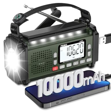 Radio Portable, PRUNUS J-924 Solaire Dynamo 10000mAh, Radio Survie avec Piles et Manivelle, Panneau Solaire, Réveil, Chargeur USB-C, Lampe de Poche et Lecture, Alarme SOS d'urgence