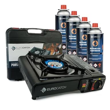 Eurocatch Outdoor - Réchaud à gaz - incl. 4 cartouches de gaz - Réchaud de camping - Brûleur à gaz - Cuisinière à gaz - Plaque de cuisson - Cuisinière - Mallette de transport