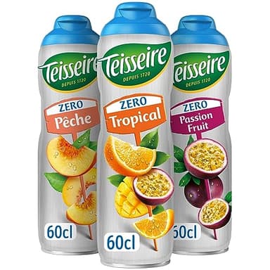 Lot de 3 sirops Teisseire Zéro Sucres (Tropical, Pêche, Fruit de la Passion) pour Boisson Rafraîchissante, Cocktails, Bidon Recyclable 3x60cl