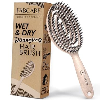 FABCARE Brosse Cheveux Poil Sanglier Démêlante Double Ressort Spirale Magique Sans Tirer Professionnelle (Beige)