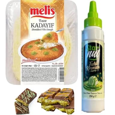 Melis Kadaifi Dubai Chocolat – Kit à faire soi-même – Dubaï Chocolat à la pistache 250 g, Dubaï Cikolata Kadaif, Baklava, fils de pâte Kadayif 500 g