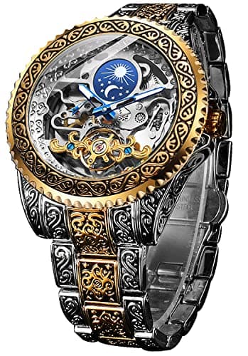 FORSINING Montre rétro pour homme sculptée à remontage automatique mécanique tatouage tourbillon phase de lune secondes indépendantes squelette automatique grand cadran montres-bracelets, doré, Sangle