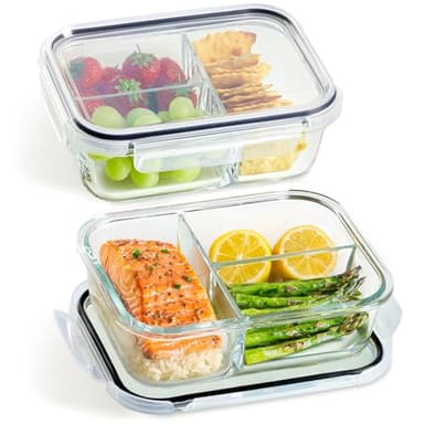 Praknu Meal Prep Containers Verre avec Compartiment - Lot de 2 Boîtes Alimentaires à 3 Compartiments 1l - Compatibles Micro-ondes, Lave-vaisselle & Congélateur