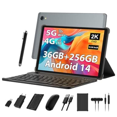 PIXPEAK 2K Tablette 10,36 Pouces, 4G LTE+5G WiFi, 36GB RAM+256GB ROM (2TB TF), Android 14 Tabletta PC, Octa-Core 2.0 GHz, 2000 * 1200, 8000mAh, 13MP+8MP, GPS, Tablette avec Clavier ect (Gris)