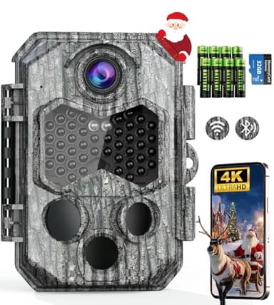 Caméra de Chasse Connectée Telephone, 84MP 4K WiFi Camera Chasse avec 8 Piles AA et Carte 32G, Grand Angle 130°, Camera Infrarouge Vision Nocturne Animaux Caméra, Étanchéité IP66