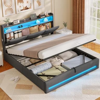 AOGLLATI Lit Coffre 140×190 avec LED et Ports USB,Tête de Lit capitonné avec Étagères Ouvertes et Rangement Caché, lit 2 Personnes avec Hydraulique, Sommier à Lattes, Lin Gris Foncé(sans Matelas)