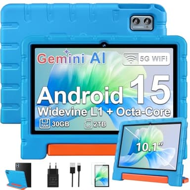 ZIOVO Tablette 10 Pouces Android 15, 30Go RAM+64Go ROM (TF 2To), 5G WiFi Tablettes, Gemini AI, Octa-Core/Widevine L1/Face ID/Contrôle Parental/6000 mAh/BT 5.0, Tablette avec étui Eva -Bleu