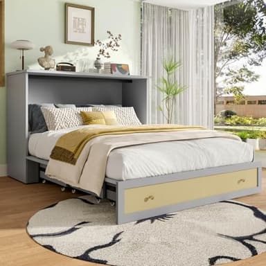 PUGSDRLY Lit escamotable 140x200cm,Lit Pliant 2 Personnes avec 1 Tiroir,d'appoint,avec Port USB et Prise électrique,Design Convertible,pour Adulte Adolescent,sans Matelas (Gris)