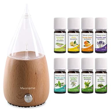 DIFFUSEUR nébuliseur + 8x10 ml HUILES ESSENTIELLES BIO distillées en FRANCE + Guide d'Aromathérapie PDF - HEBBD - HECT - Bienfaits Respiratoires, Encombrement, Digestion - Mearome