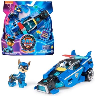 Paw Patrol - Pat Patrouille - Véhicule + Figurine Chase du Film - Voiture Figurine À Collectionner - Sons Lumières - Pat Patrouille Jouet - Voiture pour Enfant 3 Ans et +