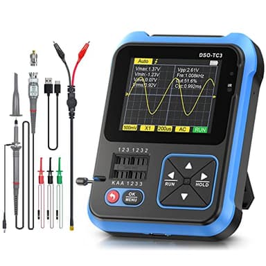 Oscilloscope Portatif Portable, Oscilloscope Numérique 3 en 1 Bande Passante de 500 kHz, Testeur de Transistor Rechargeable par USB avec Écran Couleur HD 2,4", Générateur de Signal de Sortie Carré PWM