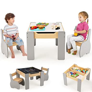 COSTWAY 4 en 1 Table Enfants avec 2 Chaises en Forme d'Eléphant, Table et Chaises en Bois avec Tableau Amovible, Espace de Rangement, Bureau pour Dessiner Jouer, Charge 30kg pour 3-6 Ans…