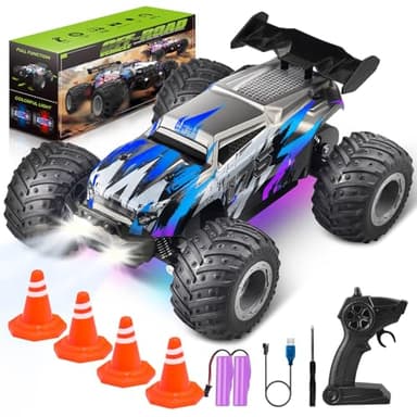 Voiture Télécommandée Tout Terrain 20 km/h, 1:16 Voiture Radiocommandée Haute Vitesse avec lumière, 2 Batteries, Suspension 4 Roues, 2,4 GHz RC Car pour jouets cadeau enfants de 3 4 5 6 7 ans et plus